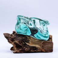 Gesmolten Glas Zware Asbak / Kaarshouder op Hout