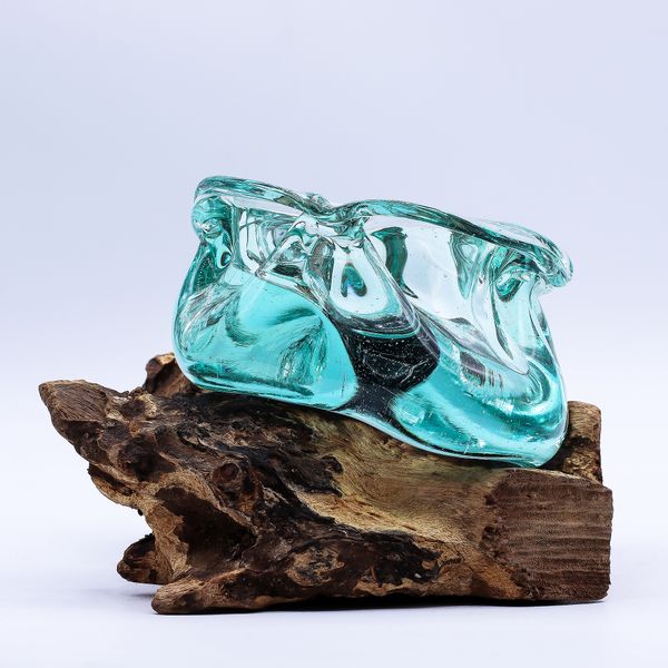 Gesmolten Glas Zware Asbak / Kaarshouder op Hout