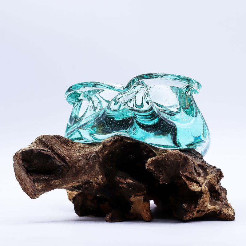 Gesmolten Glas Zware Asbak / Kaarshouder op Hout