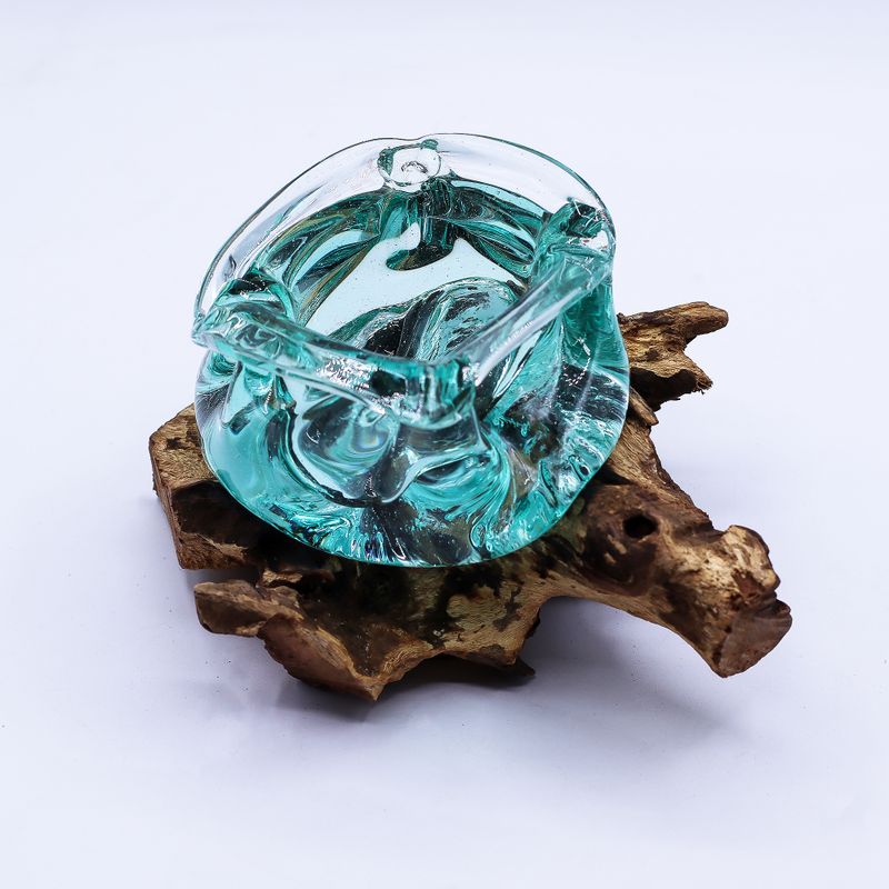 Gesmolten Glas Zware Asbak / Kaarshouder op Hout