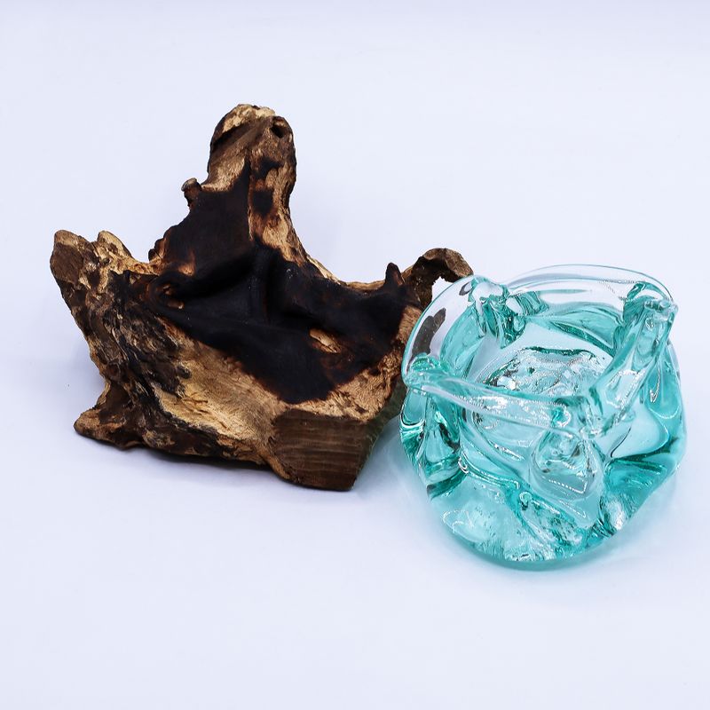 Gesmolten Glas Zware Asbak / Kaarshouder op Hout