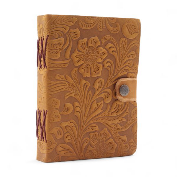 Leren Geperst Notitieboekje (7×5") – Tan Bloemmotief – 200 pagina’s
