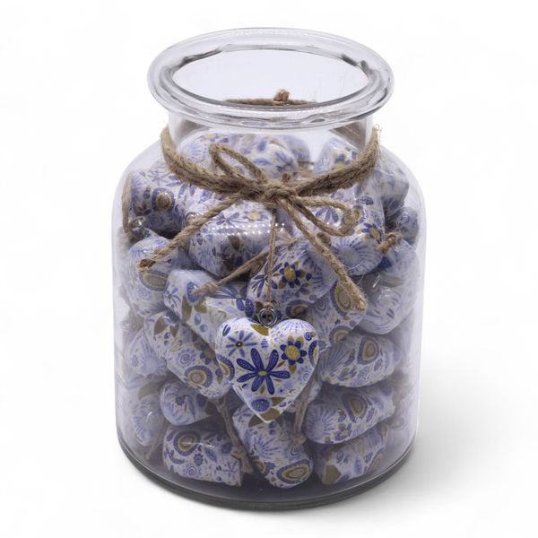 Grote Decoratieve Houten Harten – Blauwe Bloem (50) – in Displaypot