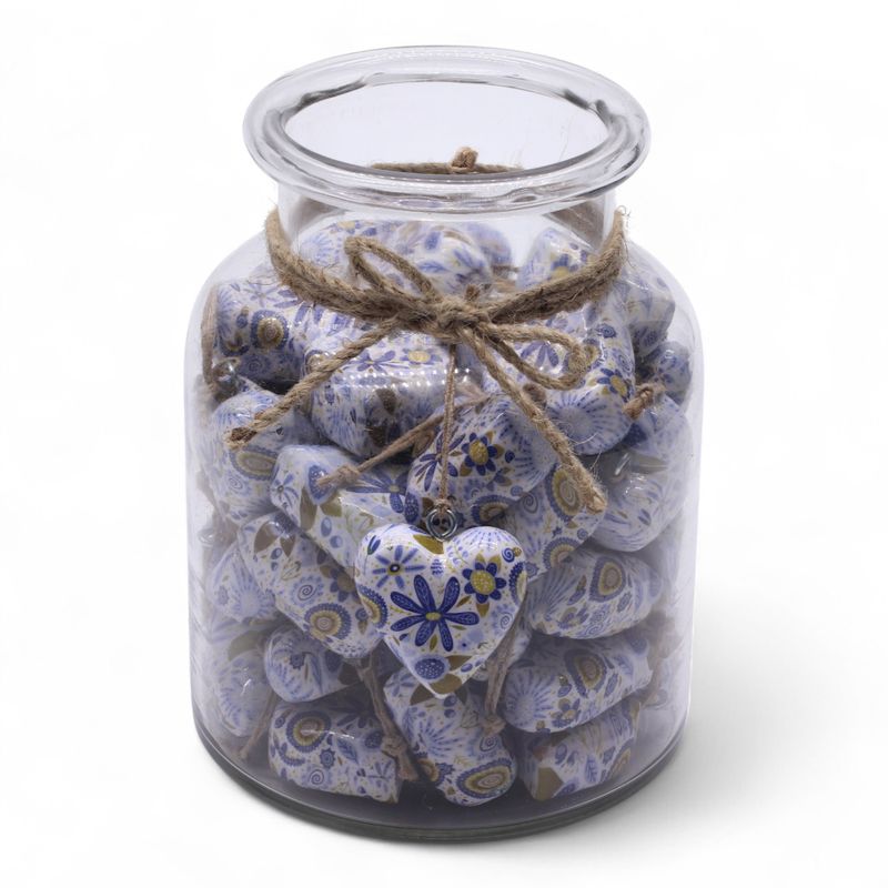 Grote Decoratieve Houten Harten – Blauwe Bloem (50) – in Displaypot