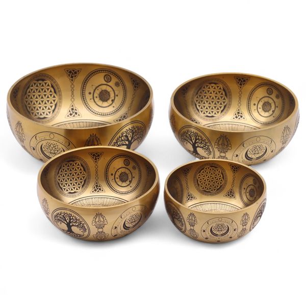 Zuiver Messing Geëtste Boeddha – Set van 4 – Ca. 3,85 kg