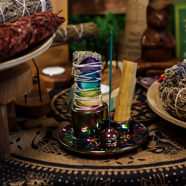 Palo Santo Stick & Smudge Houder – Mandala – Metallic Regenboog