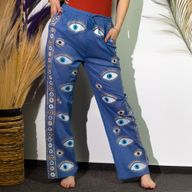 Lounge Broek - Rijk Blauw & Goud Handgeschilderd Oog van Fatima Design