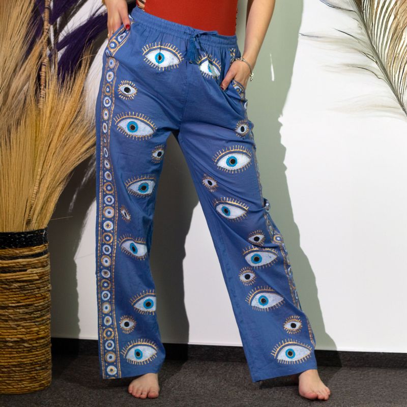 Lounge Broek - Rijk Blauw & Goud Handgeschilderd Oog van Fatima Design