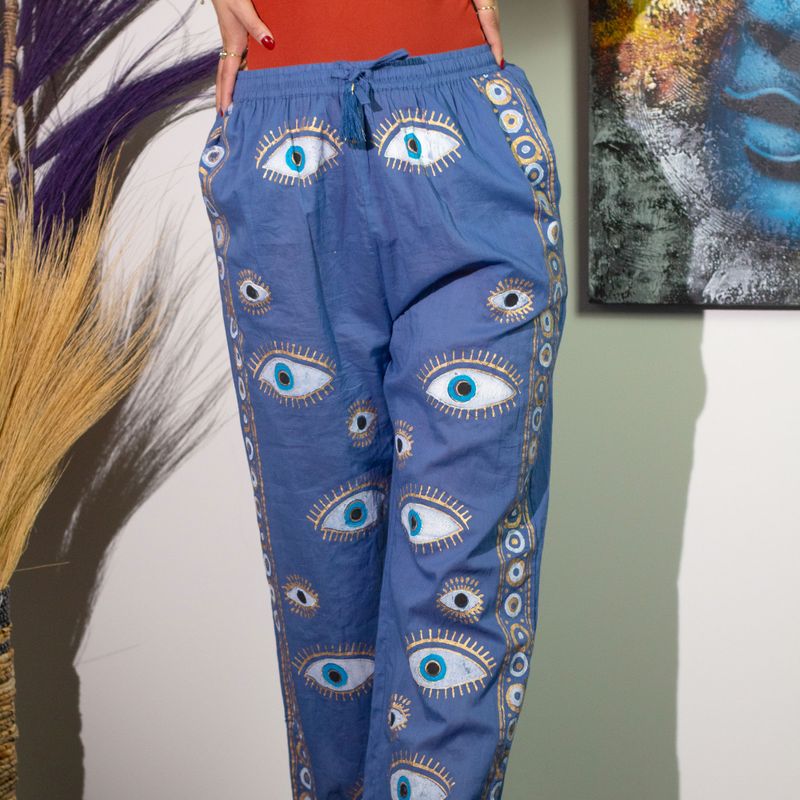 Lounge Broek - Rijk Blauw & Goud Handgeschilderd Oog van Fatima Design