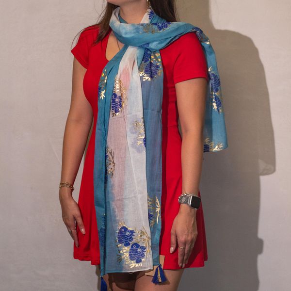 Nomad Sari - Summer Scarf - 180x50cm - Aqua Fish - Sea Blue