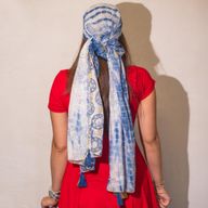 Nomad Sari - Zomersjaal - 180x50cm - Marbella Print - Blauw met Goudrand