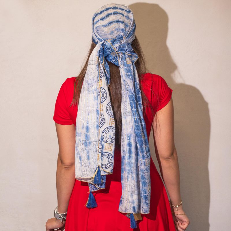 Nomad Sari - Zomersjaal - 180x50cm - Marbella Print - Blauw met Goudrand