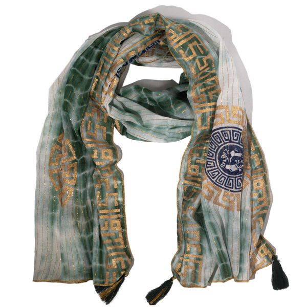 Nomad Sari - Summer Scarf - 180x50cm - Marbella Print - Green with Gold Trim