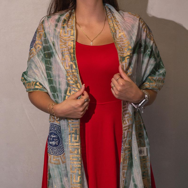 Nomad Sari  - Summer Scarf -  180x50cm - Marbella Print - Green with Gold Trim