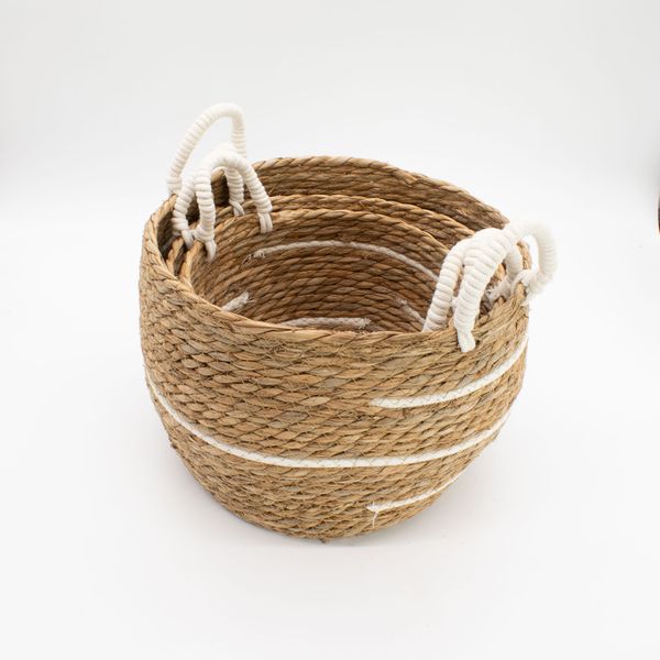 Cotton & Seagrass Large Baskets - Natural Stripes- Set of 3 (32.5cm 29.5cm 24cm)