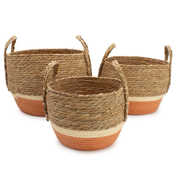 Straw & Seagrass Large Baskets - Natural & Orange- Set of 3