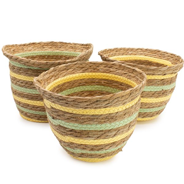 Seagrass & Straw Vase Shaped Baskets - Natural Yellow & Green - Set of 3