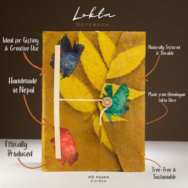 Grote Lokta Bloemen Notitieboek (21×15 cm, 45 blz) – Mosterdbruin