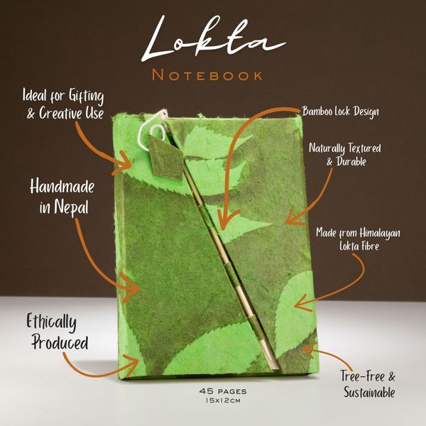 Medium Lokta Bloemen Notitieboek met Bamboeslot (15×12 cm, 45 blz) – Mosgroen