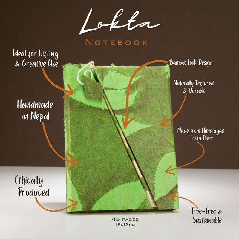 Medium Lokta Bloemen Notitieboek met Bamboeslot (15×12 cm, 45 blz) – Mosgroen