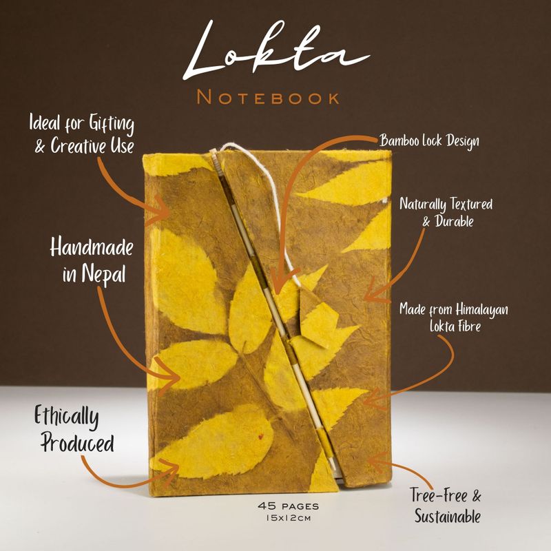 Medium Lokta Bloemen Notitieboek met Bamboeslot (15×12 cm, 45 blz) – Mosterdbruin