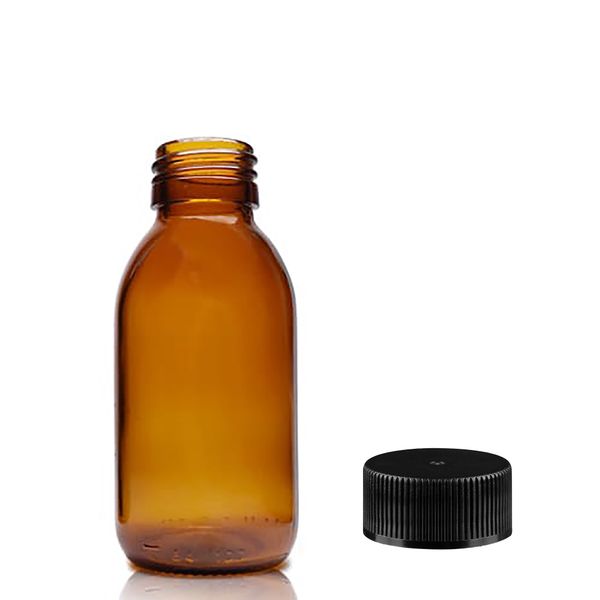 100ml Amber Glazen Medicijnfles met Zwarte Plastic Dop