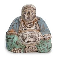 Vintage Blauw-Mint Handgesneden Boeddhabeeld – 30 cm – Lachende Boeddha