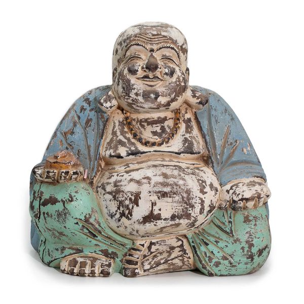 Vintage Blauw-Mint Handgesneden Boeddhabeeld – 30 cm – Lachende Boeddha