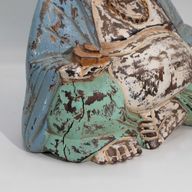 Vintage Blauw-Mint Handgesneden Boeddhabeeld – 30 cm – Lachende Boeddha