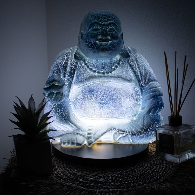 Lachende Boeddha-lamp hemelsblauw - ronde standaard