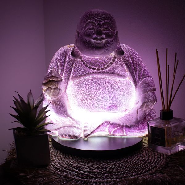 Lachende Boeddha-lamp Lavendel Crackle-glas - Ronde standaard