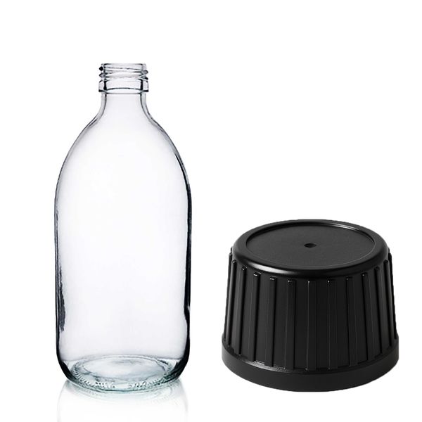 200ml Heldere Glazen Medicijnfles met Zwarte Tamper Evident Dop