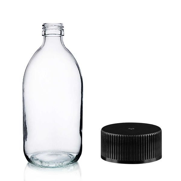 300ml Heldere Glazen Medicijnfles met Zwarte Plastic Dop