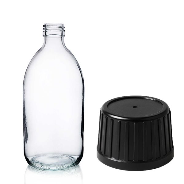 300ml Heldere Glazen Medicijnfles met Zwarte Tamper Evident Dop
