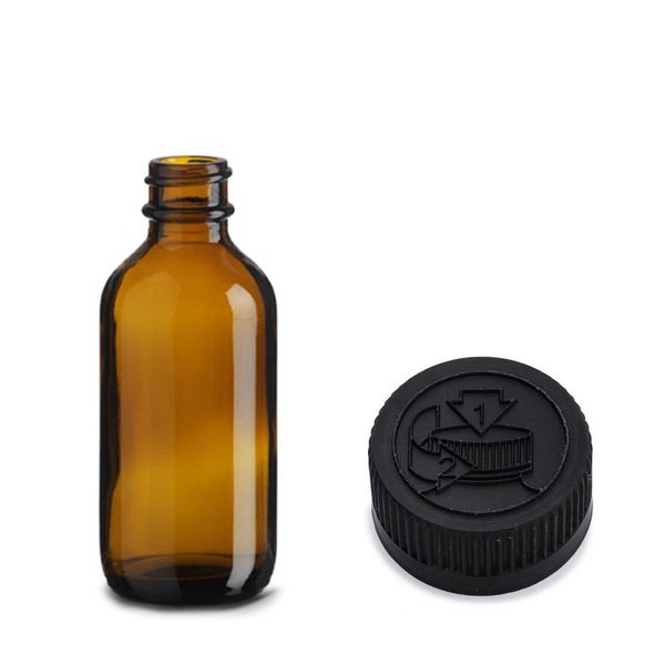 60ml Amber Glazen Boston Fles met Kindveilige Zwarte Plastic Dop