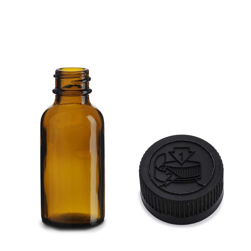 30ml Amber Glazen Boston Fles met Kindveilige Zwarte Plastic Dop
