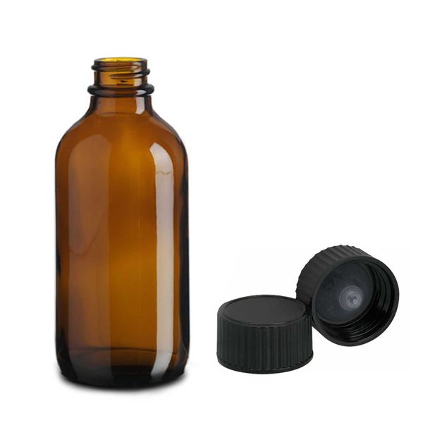 230ml Amber Glazen Boston Fles met Zwarte Plastic Dop