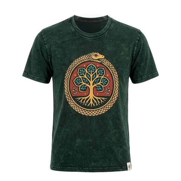 Nomad Sari Stonewashed Katoenen T-shirt - Levensboom - Groen - Klein