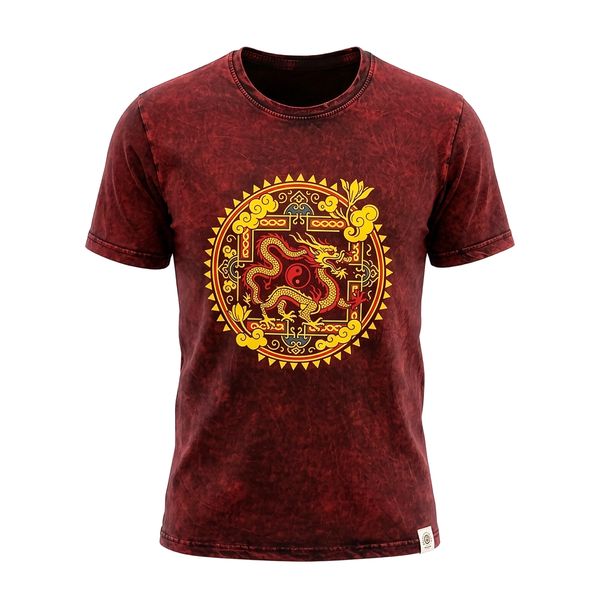 Nomad Sari Stonewashed katoenen T-shirt - Draak Mandala - maroon - Klein
