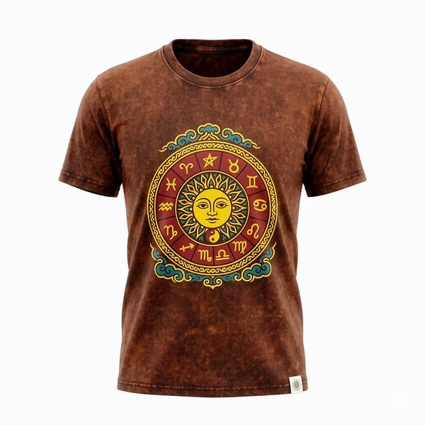 Nomad Sari Stonewashed Katoen T-Shirt - Sun & Zodiac - Bruin - Klein