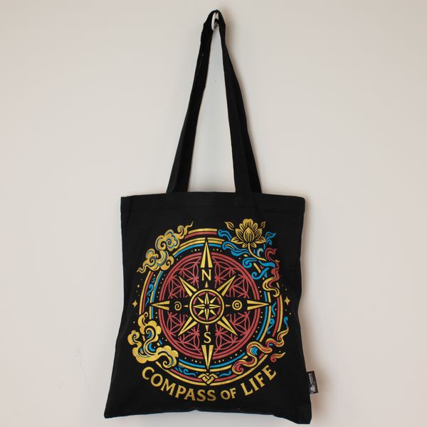 Iconische Klassieke Draagtas – Kompas van het Leven – Zwart 6oz (40x36cm)
