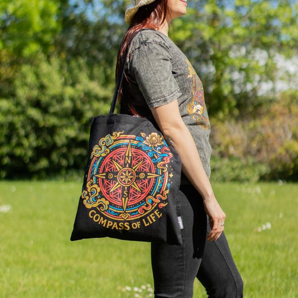 Iconische Klassieke Draagtas – Kompas van het Leven – Zwart 6oz (40x36cm)