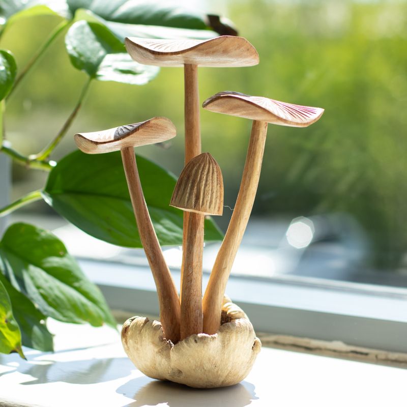 Handgemaakt Parasithouten Kunstsnijwerk - Set van 4 Grote Paddenstoelen