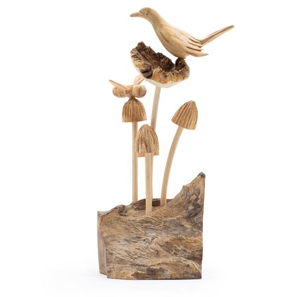 Handgemaakt Parasithouten Kunstsnijwerk - Vogel & Bij op Paddenstoelen