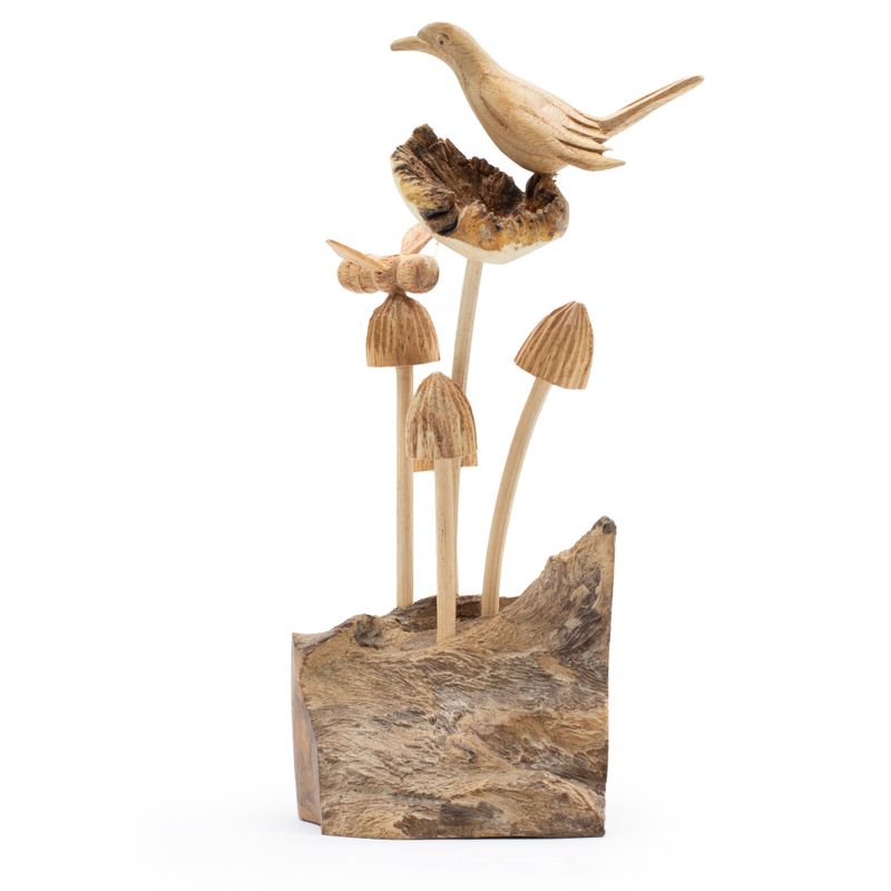 Handgemaakt Parasithouten Kunstsnijwerk - Vogel & Bij op Paddenstoelen