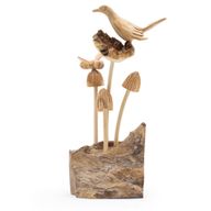 Handgemaakt Parasithouten Kunstsnijwerk - Vogel & Bij op Paddenstoelen
