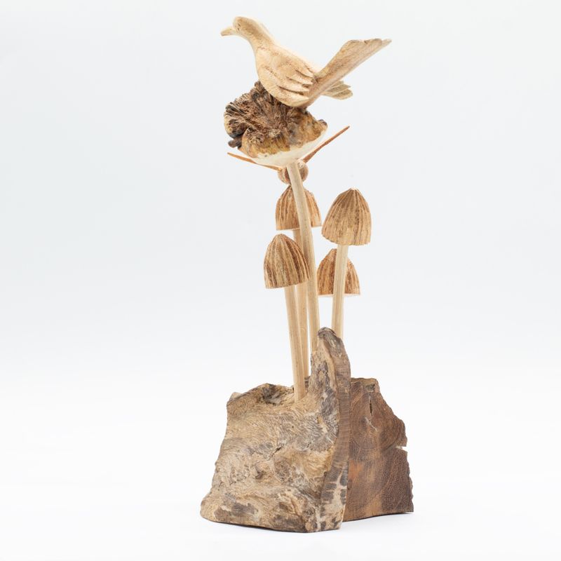 Handgemaakt Parasithouten Kunstsnijwerk - Vogel & Bij op Paddenstoelen
