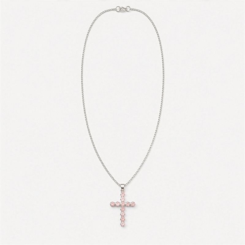 Indiase Devotie Hangers - Verzilverd (45cm Ketting) - Rozenkwarts Kruisbeeld