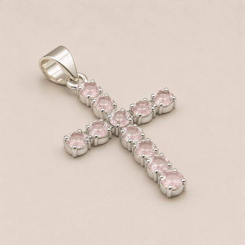 Indiase Devotie Hangers - Verzilverd (45cm Ketting) - Rozenkwarts Kruisbeeld