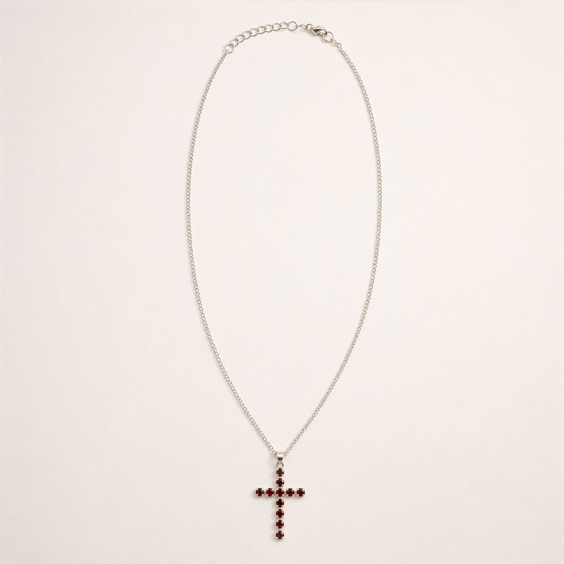 Indiase Devotie Hangers - Verzilverd (45cm Ketting) - Granaat Kruisbeeld